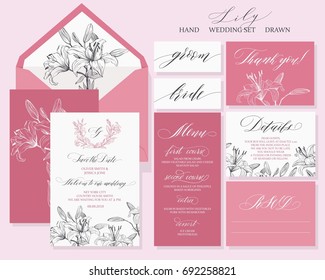 Template rustic wedding invitations. Save the date. Menu. Thank you. Bride. Groom. Details. RSVP. Calligraphy and hand-drawn flowers lily. 