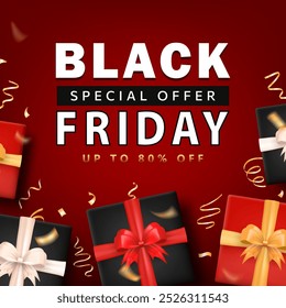 Template of sale banner with 3d gift boxes, golden shiny confetti and text for BLACK FRIDAY event. Red promo wallpaper with party streamers and present packages with special offer for online shopping