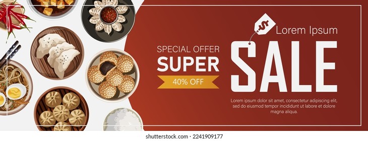 Template Sale banner design for shop, restaurant, cafe, promotion, advertising. Vector illustration of Chinese food and copy-space isolated on red. Flyer, poster, coupon, cover, brochure concept.