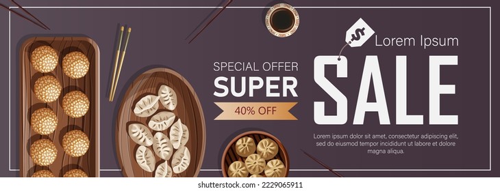 Vorlagenverkauf-Banner-Design. Vektorgrafik von chinesischem Essen und Kopienraum einzeln auf Violett. Flyer, Poster, Coupon, Broschüre, Menü, Kartenkonzept.