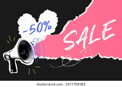 Template for sale, discount pop collage business. Megaphone and space for the inscription. Vector illustration.