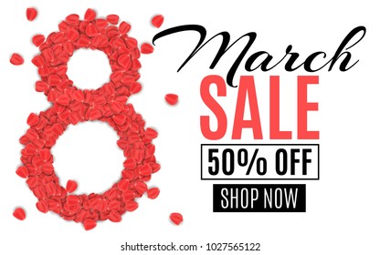 Template for sale on March 8. Digit 8 of rose petals on a white background. Special offer, big discounts. Women's shopping. Romantic background for your design. Vector illustration. EPS 10