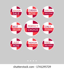 Template sale set. Colorful abstract geometric design for stickers, web page ads, tags, discount offer price labels, badges, coupons, flyers etc.