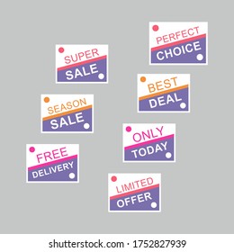 Template sale set. Colorful abstract geometric design for stickers, web page ads, tags, discount offer price labels, badges, coupons, flyers etc.
