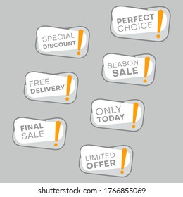 Template sale set. Colorful abstract geometric design for stickers, web page ads, tags, discount offer price labels, badges, coupons, flyers etc.