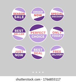 Template sale set. Colorful abstract geometric design for stickers, web page ads, tags, discount offer price labels, badges, coupons, flyers etc.