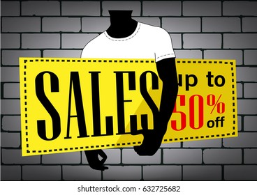 Template of Sales advertisement on grey brick wall. Black dummy hold white T-shirt and white board. Vector design invitation, advertising, advertisement, postcard, card, poster or banner.