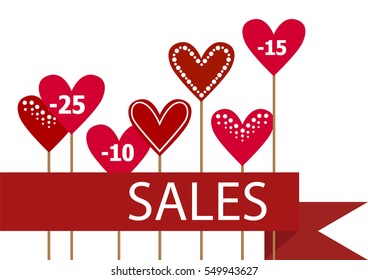 Template of sales poster/banner with 10, 15 and 25% off. Advertising with red ribbon and hearts on white background. Vector illustration.