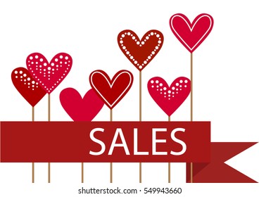 Template of sales poster/banner with red hearts on white background. Vector illustration.