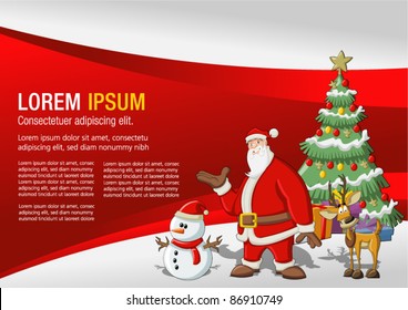 Template with Santa Claus, reindeer, snowman, and christmas tree