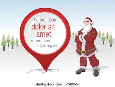 Template of Santa Claus in a snow valley with big pointers. Vector arrow label.