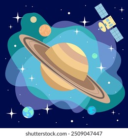 Vorlage Saturn mit seinen Monden, Sternen, Planeten und Raumfahrzeugen. Astronomische Vektorgrafik für Schulbedarf, Poster, Druck.