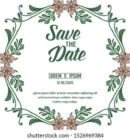 Template save the date, with graphic of green leaf floral frame. Vector