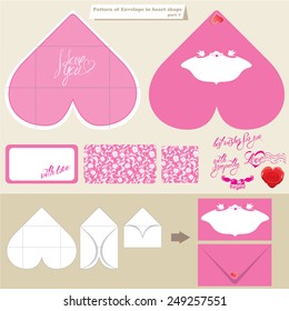 Template and scheme of envelope in heart shape. Pink background with Frame and calligraphic text I Love You. Elements for holiday, wedding, Valentine's day, invitation, etc. design