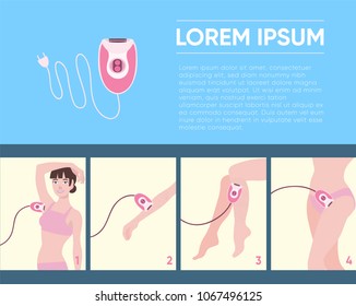 Template with scheme showing zone for electric epilator applying: armpit, arm, legs, bikini zone