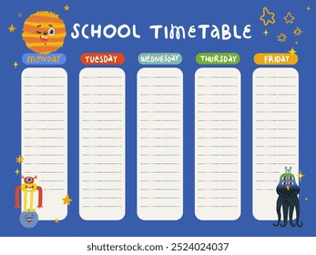 Plantilla para el horario de clase de la escuela con estrellas y monstruos divertidos. Ilustración vectorial