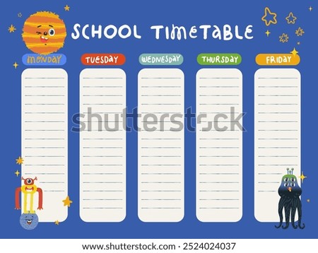 Template for school class schedule with stars and funny monsters. Vector illustration