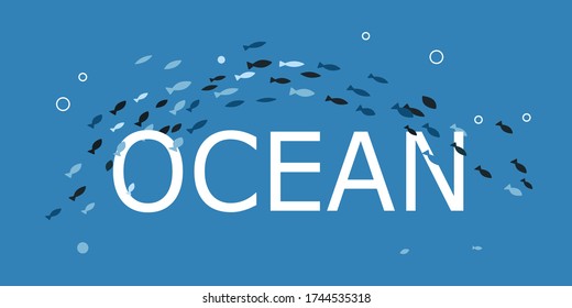 template with school of fish and bubbles. text ocean. Underwater background with fishes. Modern design for clothes, packaging, paper, fabric, cards and posters