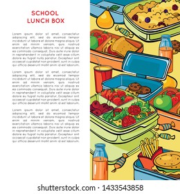 Template with school lunch box (container, veggie shooter, fast food, berries porridge, cookies with chocolate, pear, sweets, fresh juice in a bottle, soda) and  text. 
Bright colors, square shape