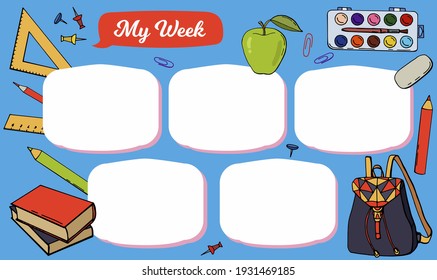 Template of a school schedule for 5 days of the week for students. Includes hand-drawn school theme elements.