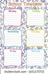Plantilla de un horario escolar de 6 días de la semana para estudiantes. Ilustración vectorial en estilos de doodle de color. Incluye elementos hechos a mano sobre un tema escolar.
