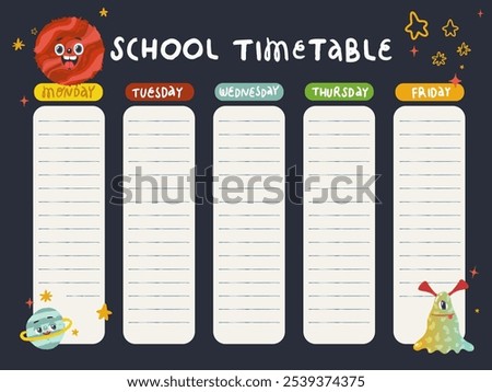 A template for school schedules with stars, planets and funny monsters. Vector illustration