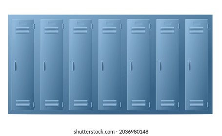 Template of school storage lockers front view, realistic vector illustration isolated on white background. Group of locked doors of metal safety secure lockers.