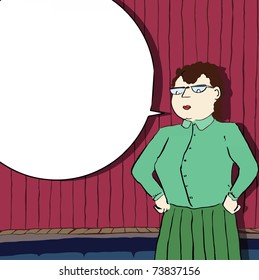 Template of a school teacher explaining with an empty baloon in front of red curtain