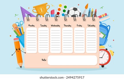 Template school timetable. Lesson schedule template. Weekly study planner with school supplies. 