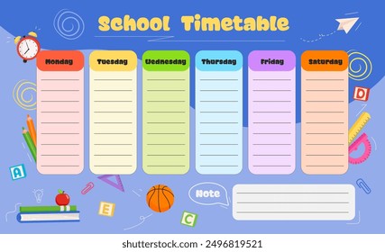 Template school timetable. Lesson schedule template. Weekly study planner with school supplies. Vector illustration