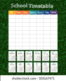 Template school timetable lessons and calendar 2016-2017 for students or pupils with days of week and free spaces for notes. You can find in latest works of my portfolio calendar on 2017-2018  years .