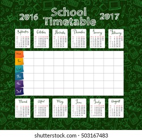 Template school timetable lessons and calendar 2016-2017  for students or pupils with days of week and free spaces  for notes. 