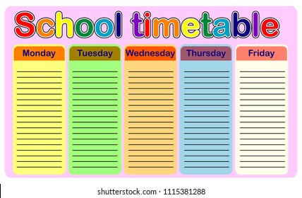Template school timetable for students or pupils with days of week and free spaces for notes.