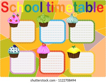 Template school timetable for students or pupils with days of week and free spaces for notes.