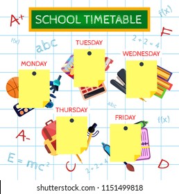 Template school timetable for students or pupils with days of week and free spaces for notes. Illustration includes hand drawn elements of school supplies. School supplies and notebook background.