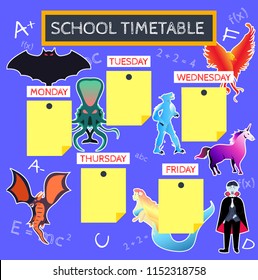 Template school timetable for students or pupils with days of week and free spaces for notes. Illustration with mythological creatures:unicorn,Dracula,dragon,bat,werewolf,vampire,halloween.School time