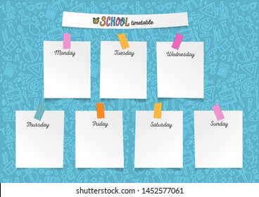 Template school timetable for students or pupils. Illustration with pieces of paper on stickers with many hand drawn elements of studing symbols and doodle background school supplies theme