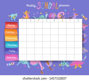 Template school timetable for students or pupils with days of week and free spaces for notes. Illustration includes many hand drawn elements of dino hand drawn characters with color volume stickers.