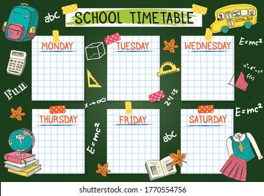 Vorlagenlehrplan für Schüler und Studenten. Die Vektorgrafik enthält viele handgezeichnete Elemente der Schulausstattung und des Chalkboard-Hintergrundmotivs.