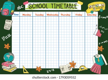 Calendario escolar de plantilla para estudiantes o alumnos. La ilustración vectorial incluye muchos elementos dibujados a mano del material escolar y el tema de fondo de la pizarra.