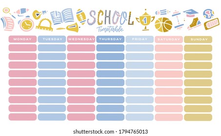 Template school timetable for students or pupils with days of week and free spaces for notes. Flat vector Illustration includes many hand drawn elements of school supplies and doodle school theme