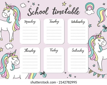 Calendario escolar de plantilla para estudiantes o alumnos. Ilustración vectorial para el diseño de unicornios con estrellas en un fondo arco iris.