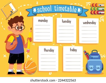 Template school timetable for students or pupils. Vector illustration for design of unicorns with a stars on a rainbow background with lettering