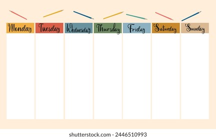 Template school timetable for students or pupils with days of week.