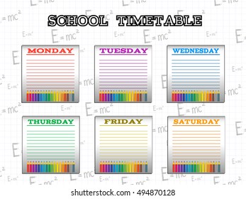 Template school timetable for students or pupils with days of week and free spaces for notes. 