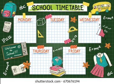 Template school timetable for students or pupils. Vector Illustration includes many hand drawn elements of school supplies  and chalkboard background space theme.