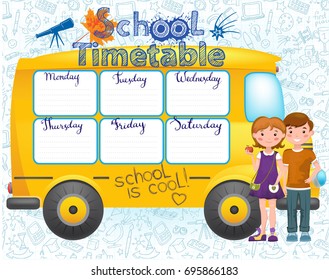 Template school timetable for students or pupils with days of week and free spaces for notes. Illustration in the form of school bus