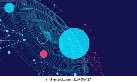 Template for science and technology presentation. Wireframe waves. Plexus style background.