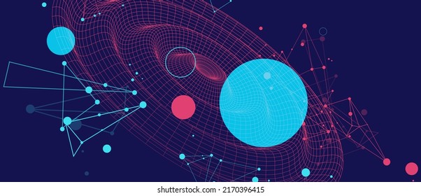 Template for science and technology presentation. Wireframe waves. Plexus style background.