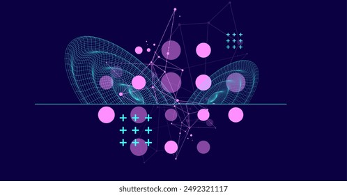 Template for science and technology presentation. Wireframe waves. Plexus style background.